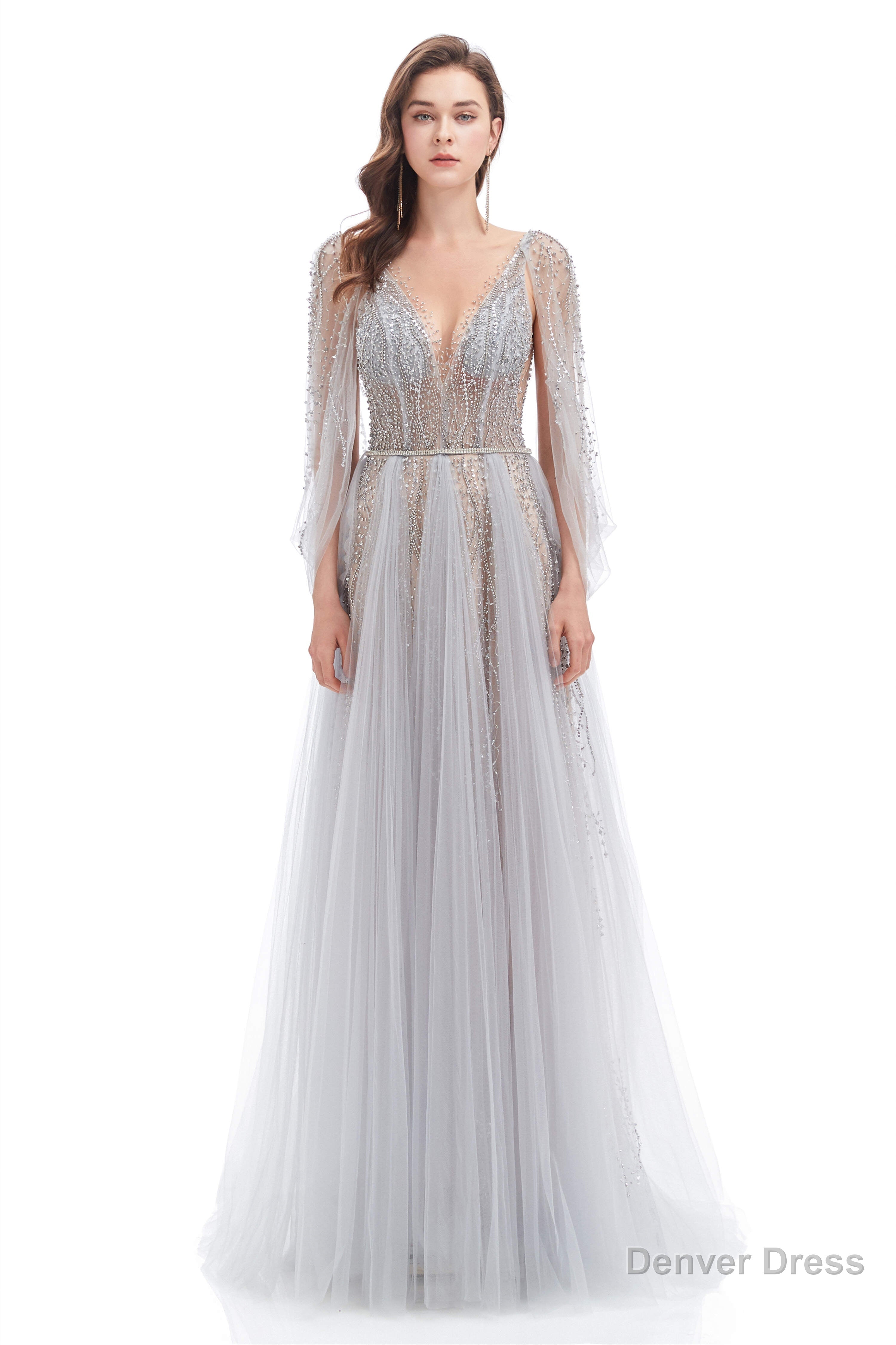 Backless V Neck Sequins Rhinestone Floor Length Prom Dresses