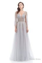 Backless V Neck Sequins Rhinestone Floor Length Prom Dresses