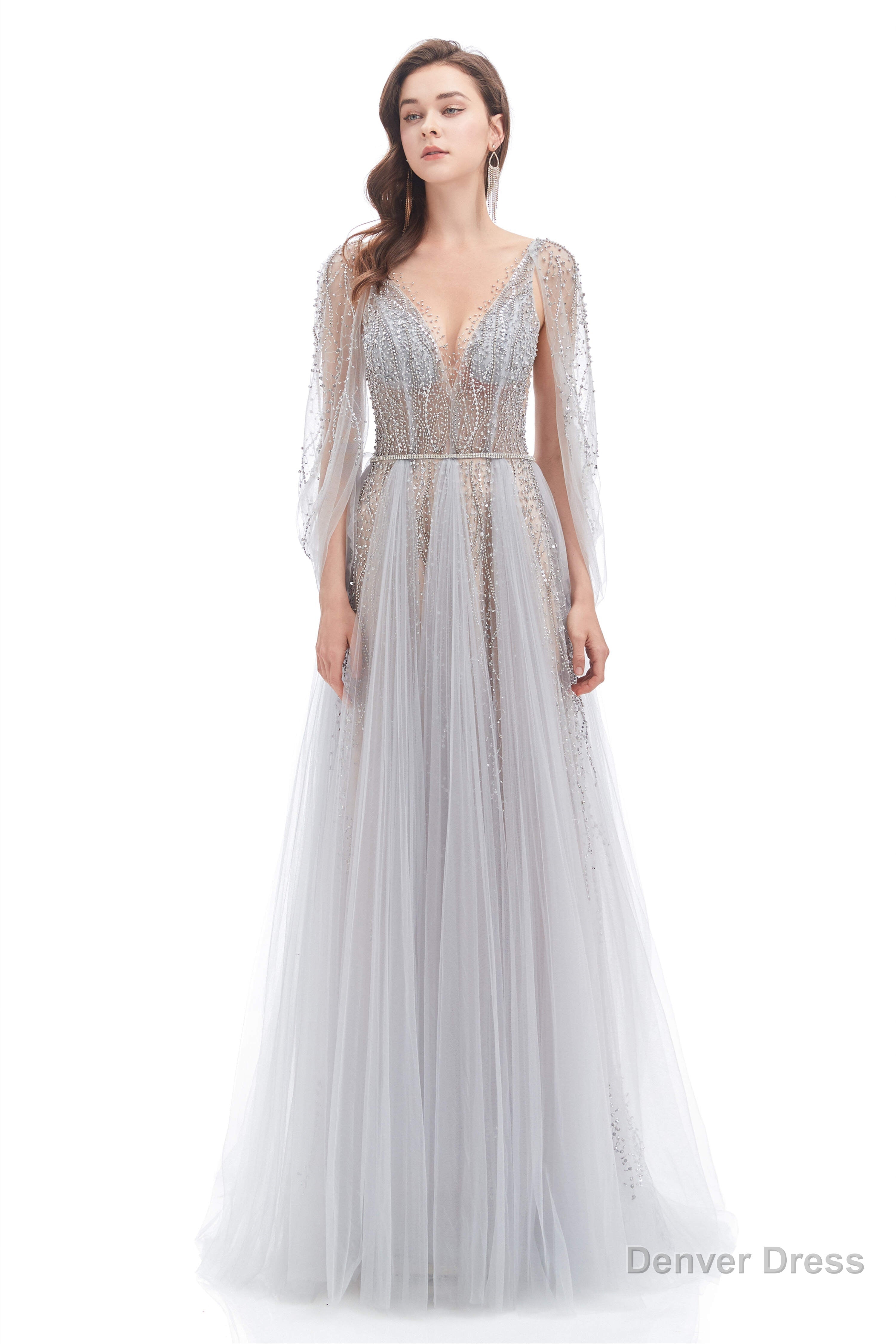 Backless V Neck Sequins Rhinestone Floor Length Prom Dresses