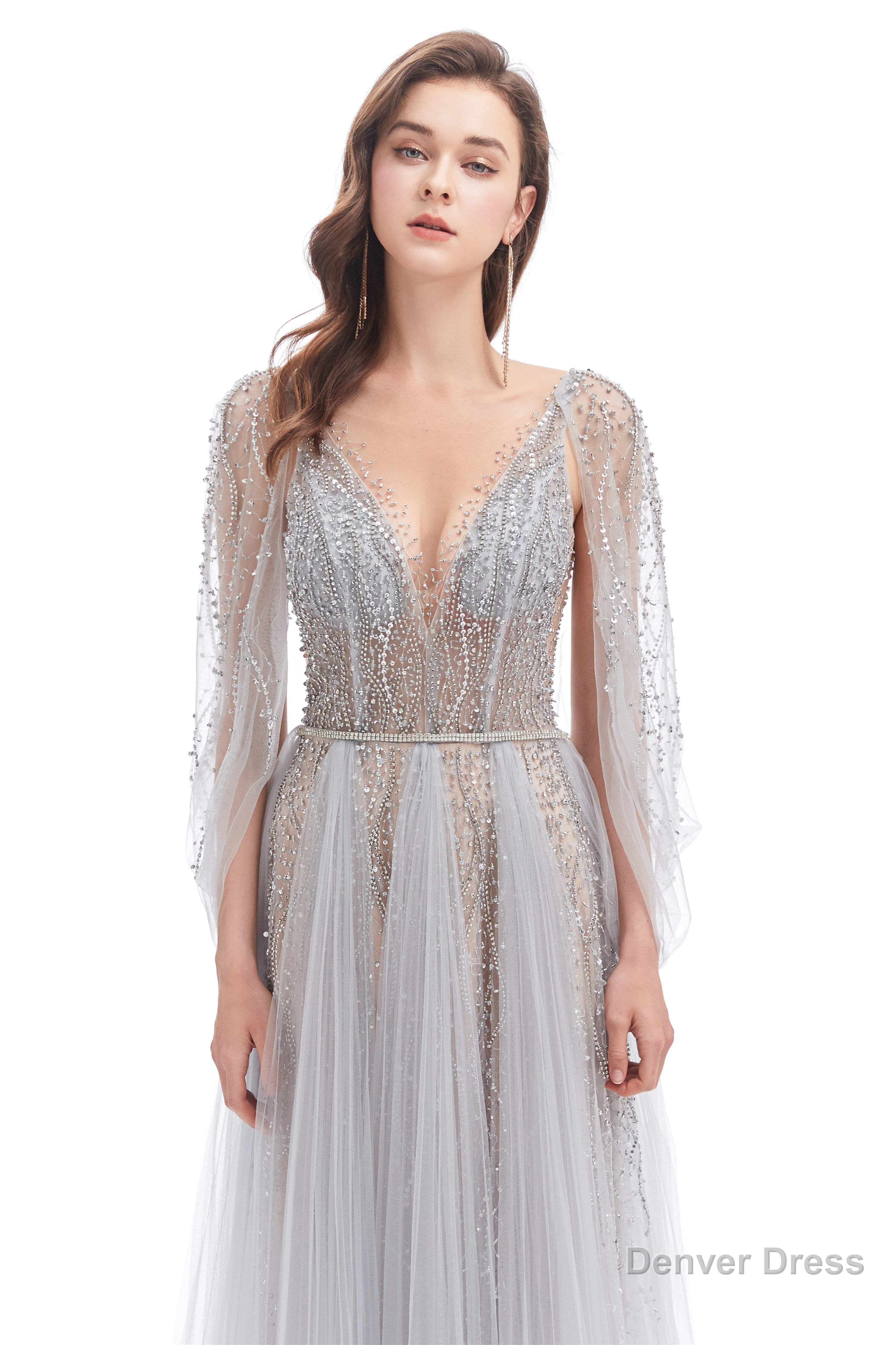 Backless V Neck Sequins Rhinestone Floor Length Prom Dresses