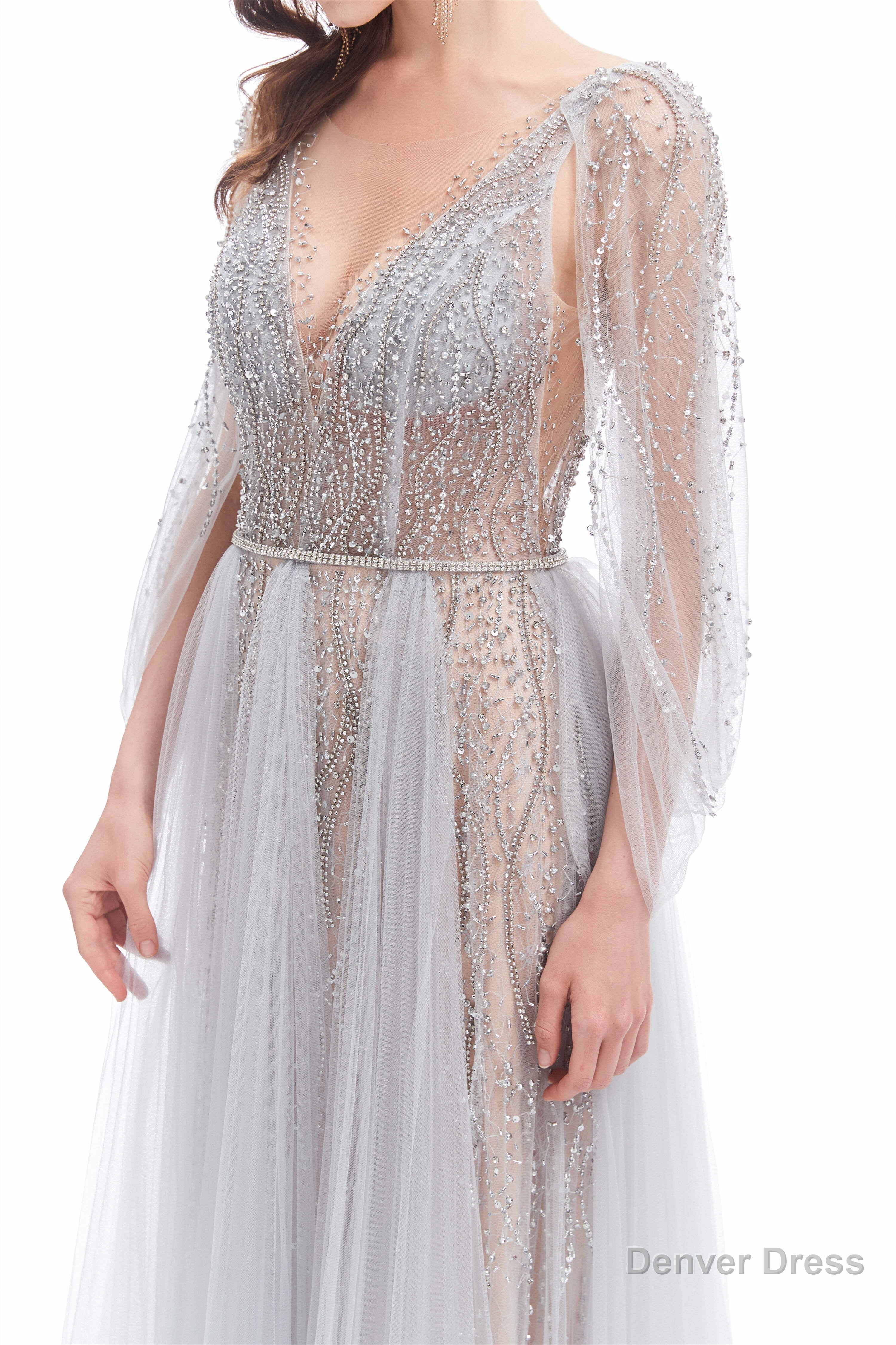 Backless V-neck Sequins Rhinestone Floor Length Prom Dresses