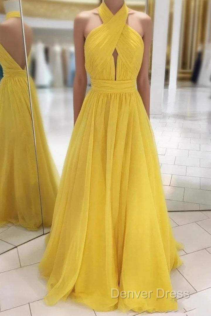 Backless Yellow Chiffon Long Prom Dress, Open Back Yellow Prom Bridesmaid Dresses Main image