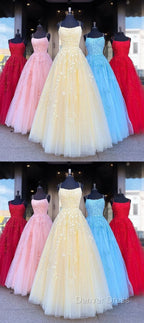 Backless Yellow Pink Blue Red Burgundy Lace Prom Dress, Backless Lace Prom Bridesmaid Dresses
