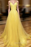 Backless Yellow Tulle Long Formal Evening Dresses, Open Back Yellow Tulle Long Prom Dresses