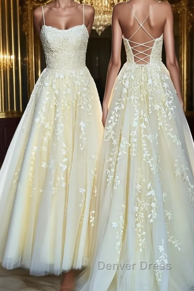 Backless Yellow Tulle Long Lace Prom Dress, Open Back Yellow Lace Prom Dresses Main image