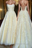 Backless Yellow Tulle Long Lace Prom Dress, Open Back Yellow Lace Prom Dresses