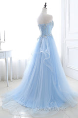 Light Blue Beaded Long Prom Dresses