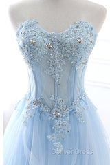 Light Blue Beaded Long Prom Dresses