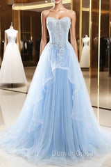 Light Blue Beaded Long Prom Dresses
