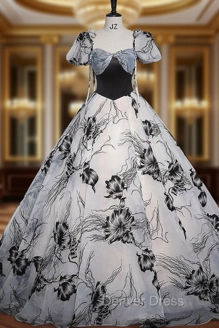 Balck Print Short Sleeve Bow Quinceanera Dresses