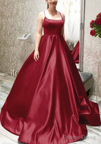 Ball Gown A-line Square Neckline Spaghetti Straps Sweep Train Satin Prom Dresses With Pleated Pockets