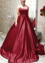 Ball Gowns A Line Square Neckline Spaghetti Straps Sweep Train Satin Prom Dresses With Pleated Pockets