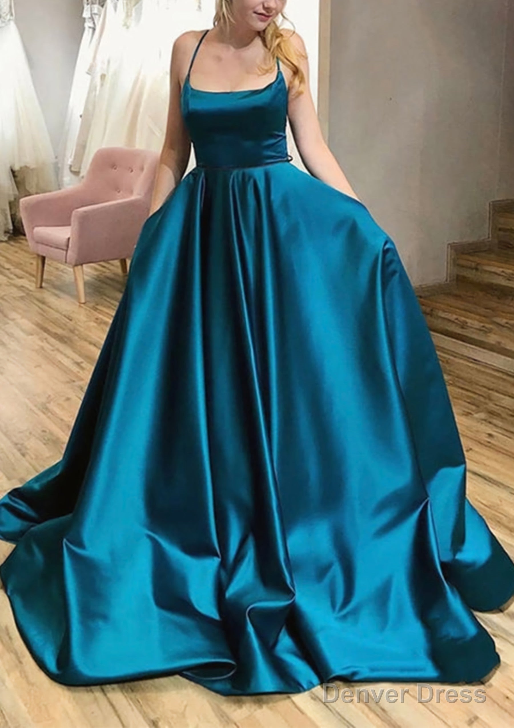 Ball Gowns A Line Square Neckline Spaghetti Straps Sweep Train Satin Prom Dresses With Pleated Pockets Main image