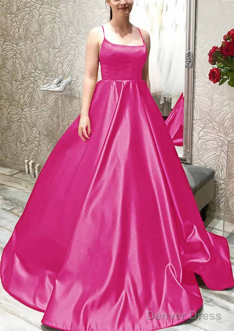 Ball Gown A-line Square Neckline Spaghetti Straps Sweep Train Satin Prom Dresses With Pleated Pockets