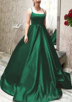 Ball Gown A-line Square Neckline Spaghetti Straps Sweep Train Satin Prom Dresses With Pleated Pockets