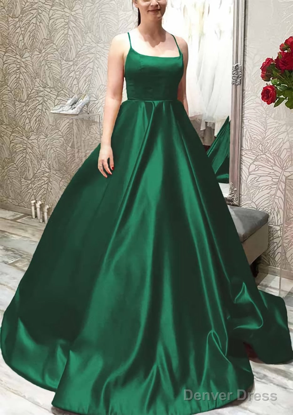 Ball Gowns A Line Square Neckline Spaghetti Straps Sweep Train Satin Prom Dresses With Pleated Pockets