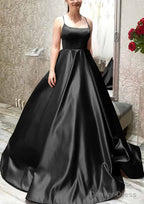 Ball Gowns A Line Square Neckline Spaghetti Straps Sweep Train Satin Prom Dresses With Pleated Pockets