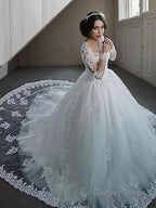 Ball Gowns Bateau Court Train Tulle Wedding Dresses With Appliques Lace