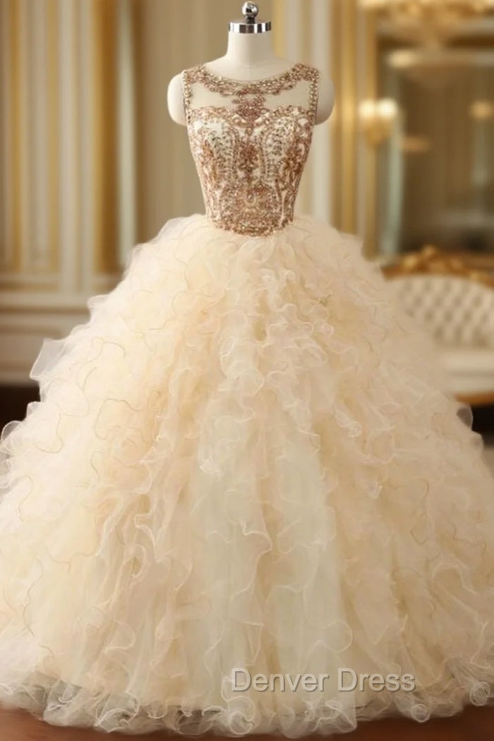 Ball Gown Beaded Long Sweet Years Party Gowns Ruffles Tulle Prom Dresses