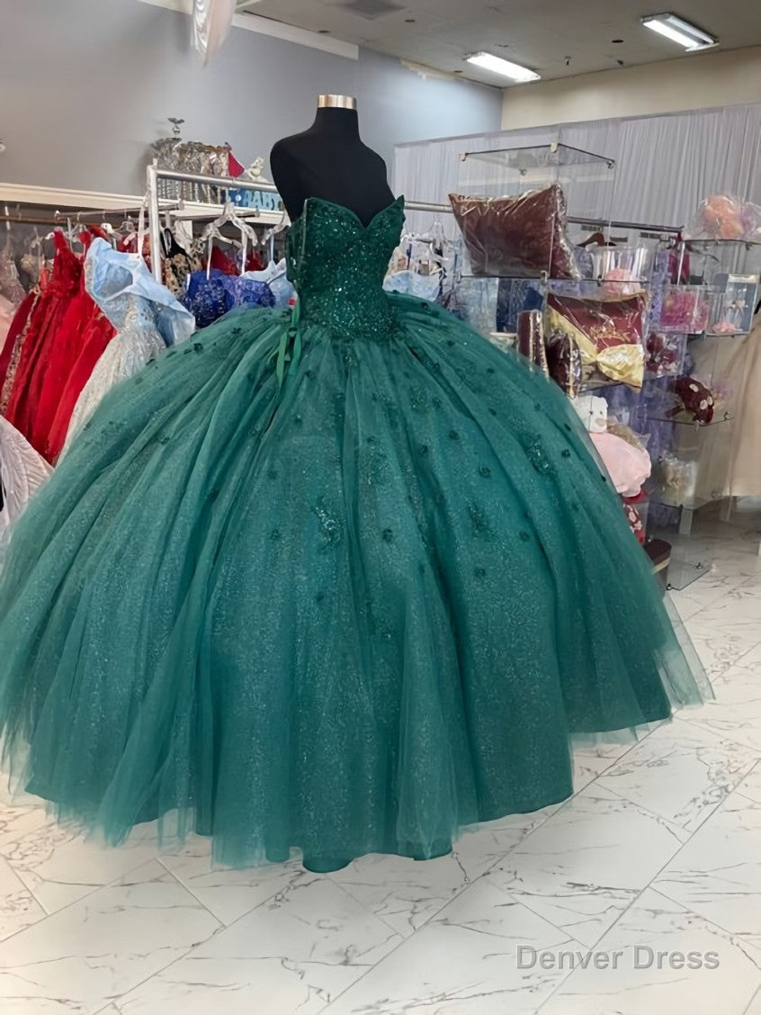 Ball Gowns Beaded Quinceanera Dress Spaghetti Straps Emerald Green Quince Dresses