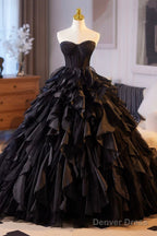 Ball Gown Black Layered Tulle Prom Dress, A-Line Strapless Long Evening Party Dress