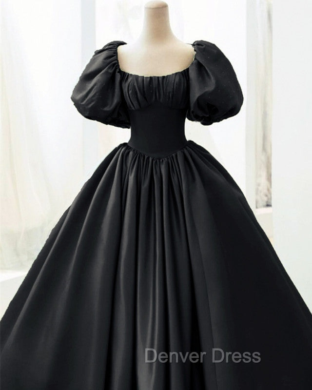 Ball Gown Black Satin Wedding Dresses Puffy Sleeves Secondary image