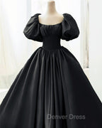 Ball Gown Black Satin Wedding Dresses Puffy Sleeves
