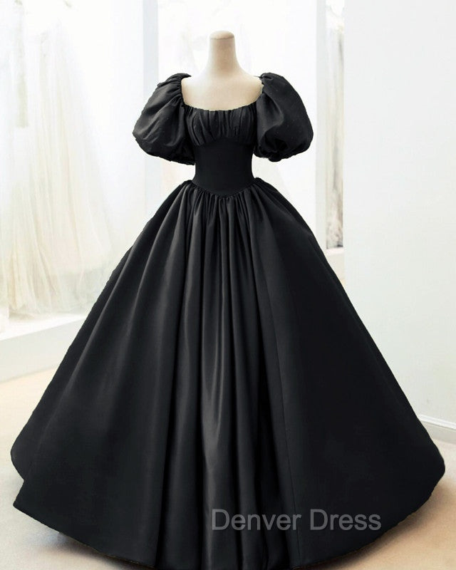 Ball Gown Black Satin Wedding Dresses Puffy Sleeves