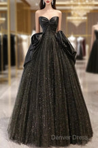 Ball Gown Black Sweetheart Neck Satin Tulle Long Prom Dresses