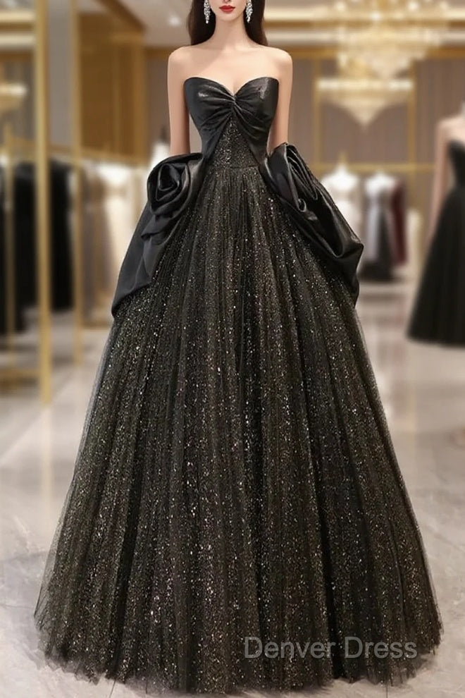 Ball Gown Black Sweetheart Neck Satin Tulle Long Prom Dresses