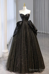 Ball Gown Black Sweetheart Neck Satin Tulle Long Prom Dress