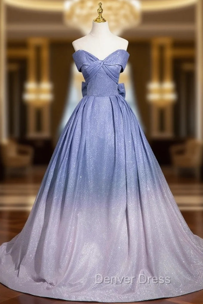Ball Gown Blue Off the Shoulder Bow Prom Dresses Main image