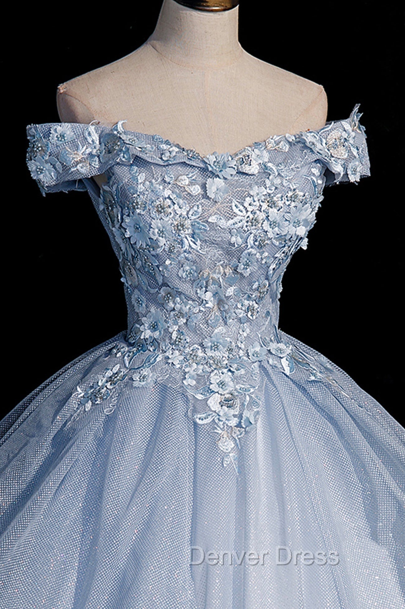 Ball Gown Blue Tulle Lace Long Party Dresses, Off the Shoulder Evening Dresses Secondary image