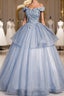 Ball Gowns Blue Tulle Lace Long Prom Dress, Off the Shoulder Prom Dresses