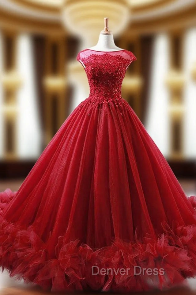 Ball Gowns Burgundy Tulle Appliques Backless Wedding Dresses