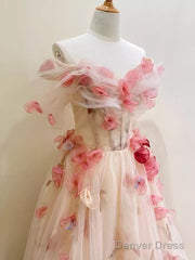Ball Gown Champagne Floral Prom Dress Long Party Dresses