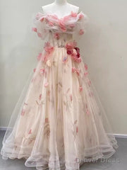 Ball Gown Champagne Floral Prom Dress Long Party Dresses