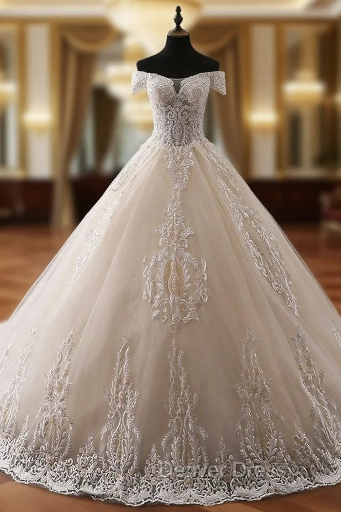 Ball Gowns Champagne Off The Shoulder Tulle Appliques Wedding Dresses Main image