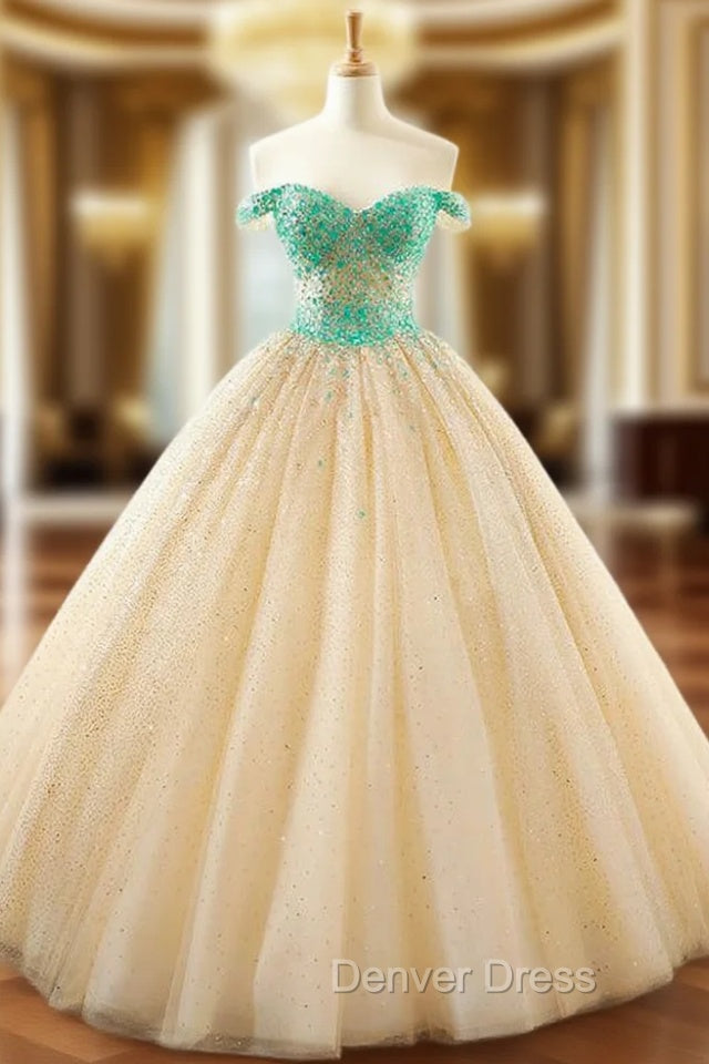 Ball Gown Champagne Tulle Sequins Off The Shoulder Wedding Dresses