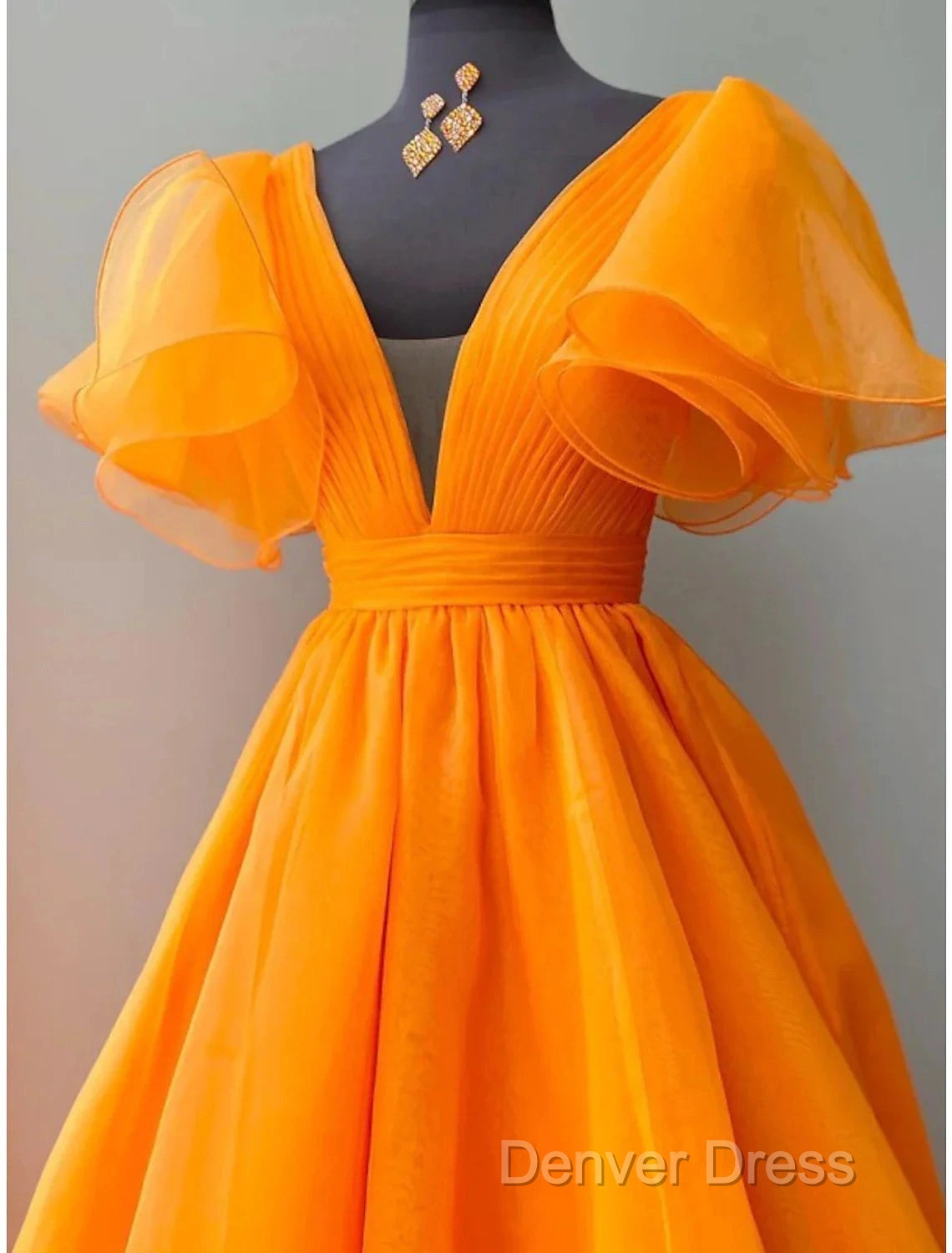 Ball Gown Evening Gown Celebrity Style Dresses Wedding Party Dresses Floor Length Short Sleeve V Neck Fall Wedding Guest Organza With Pleats Ruffles Secondary image