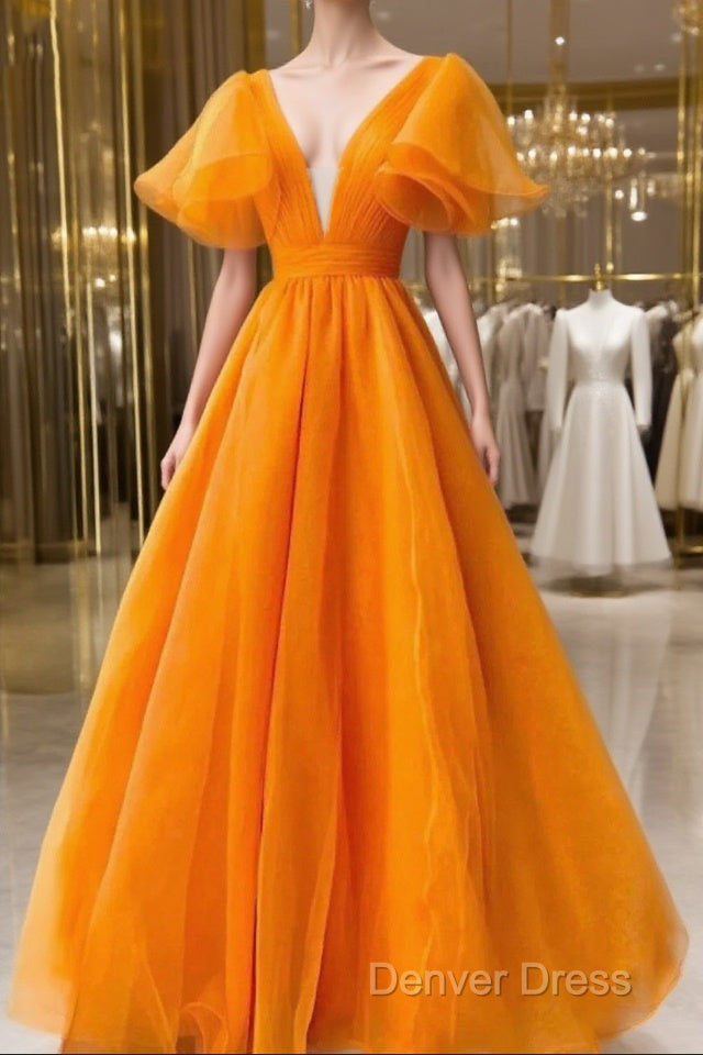 Ball Gown Evening Gown Celebrity Style Dresses Wedding Party Dresses Floor Length Short Sleeve V Neck Fall Wedding Guest Organza With Pleats Ruffles Main image