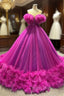 Ball Gown Fuchsia Tulle Pearls Prom Dresses