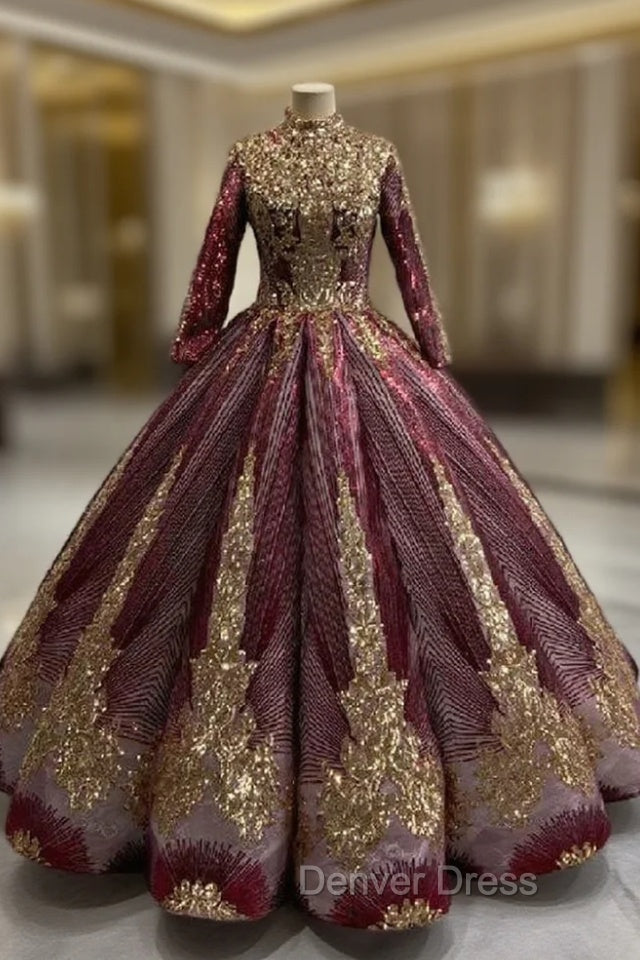 Ball Gown Gold Sequins Long Sleeve High Neck Prom Dresses