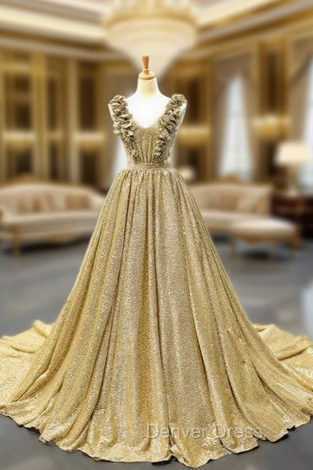 Ball Gown Gold Sequins V-neck Appliques Prom Dresses With Train Main image
