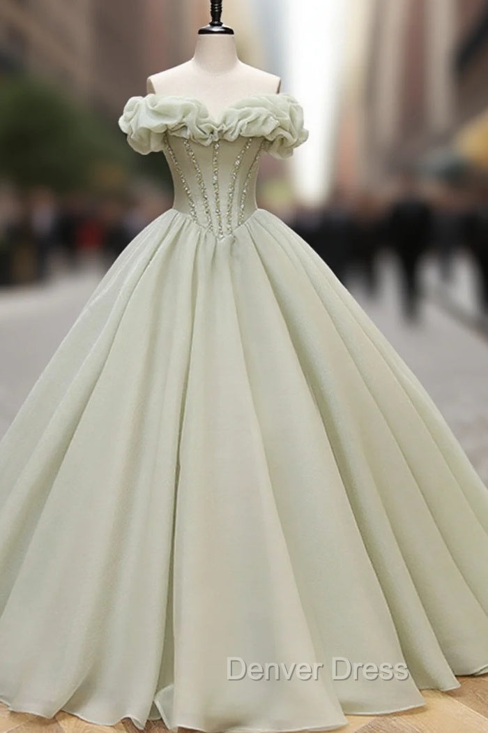 Ball Gown Green Long Prom Dresses, Green Formal Sweet 16 Dresses with Beading