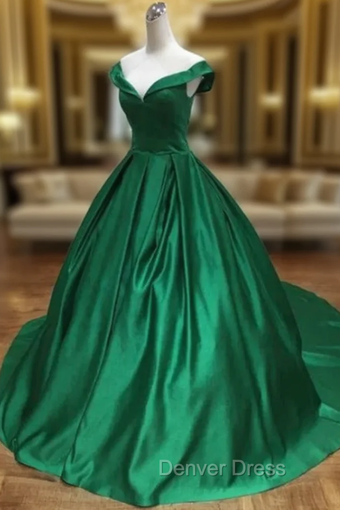 Ball Gown Green Satin Off the Shoulder Prom Dresses Main image