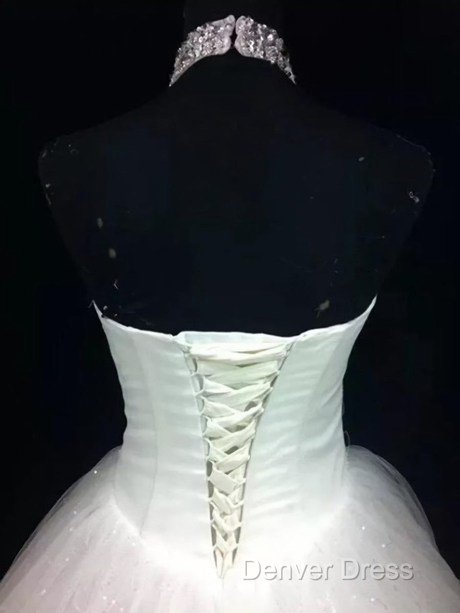 Ball-Gowns Halter Beading Floor-Length Tulle Wedding Dresses