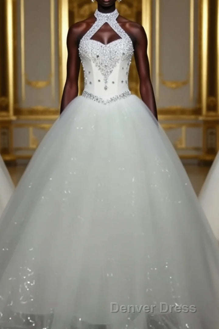 Ball Gowns Halter Floor Length Tulle Wedding Dresses With Beading Main image