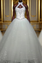 Ball Gowns Halter Floor Length Tulle Wedding Dresses With Beading