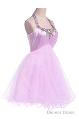 Ball Gown Halter Knee Length Satin Tulle Homecoming Dress With Beading